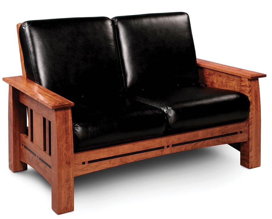 Aspen Loveseat With Inlay Living Simply Amish Black Leather Gr C Smooth Cherry