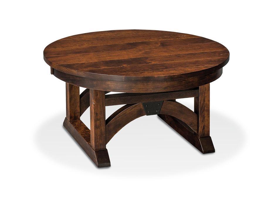 B&O Railroad Trestle Bridge Round Coffee Table Living Simply Amish 36 inch Smooth Cherry