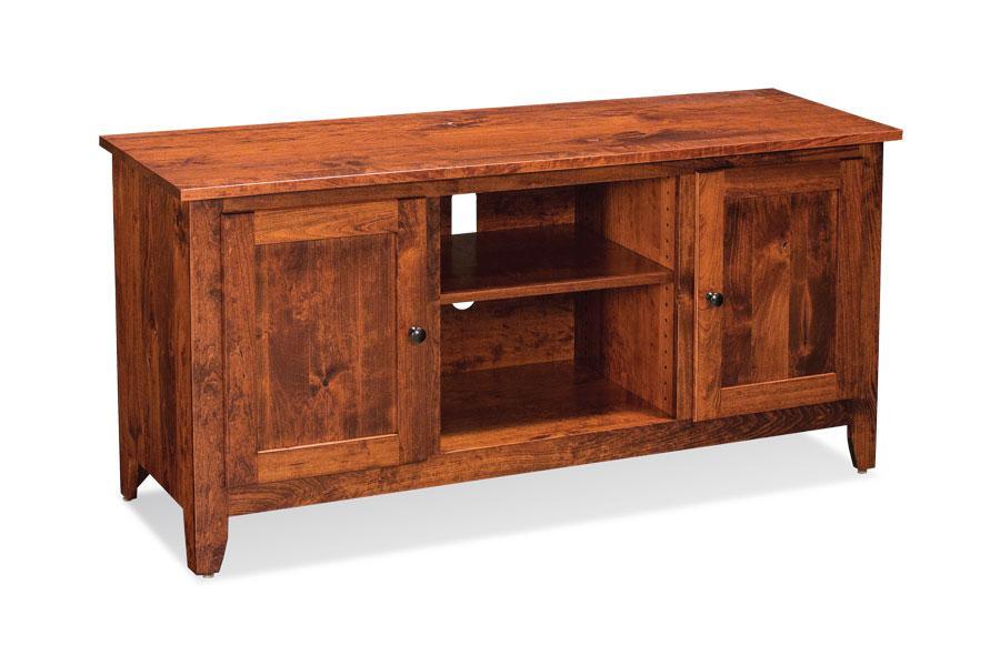 Shenandoah TV Console with Wood Doors and Open Center Living Simply Amish 54 inch Smooth Cherry