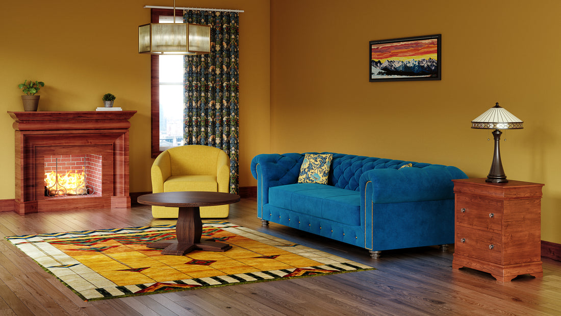 Blue velvet Chesterfield sofa with gold rug and walls