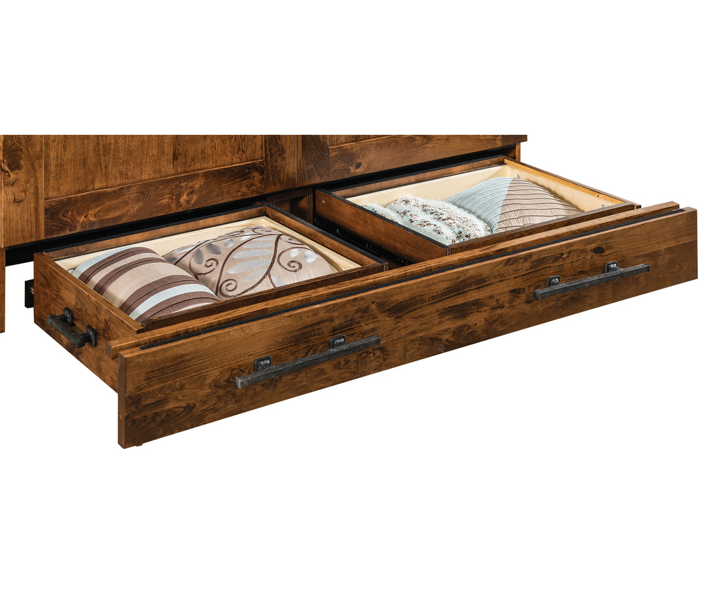 Open wooden drawers of a Mission Murphy bed cabinet filled with decorative pillows.