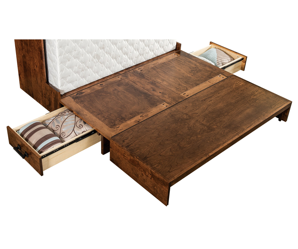 Concord wooden cabinet Murphy bed unfolded with mattress and open storage drawers.