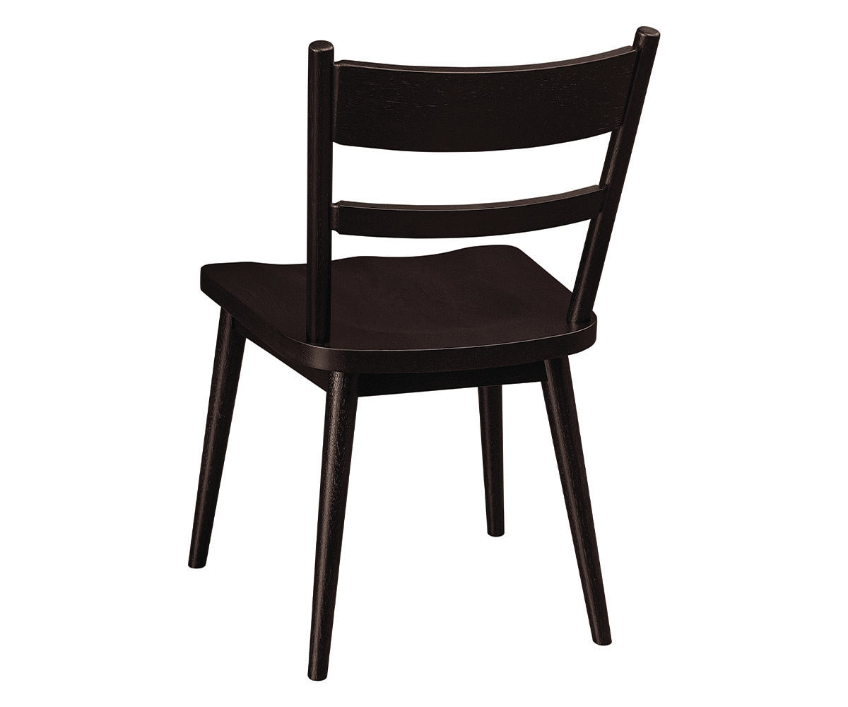Hilko dark brown wooden side chair with a ladder back design and tapered legs.