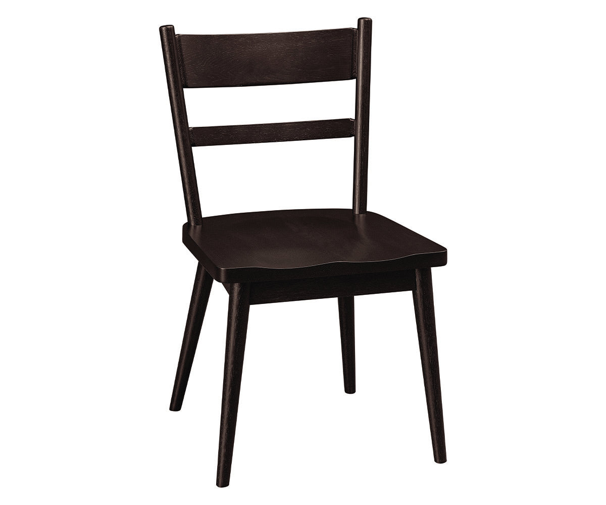 Hilko dark brown wooden side chair with a ladder back design and tapered legs