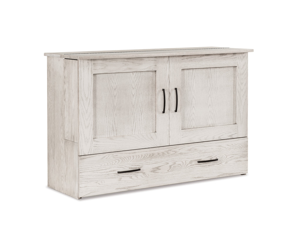 White oak Mission cabinet Murphy bed with black metal handles and a large bottom drawer.
