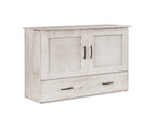 White oak Mission cabinet Murphy bed with black metal handles and a large bottom drawer.
