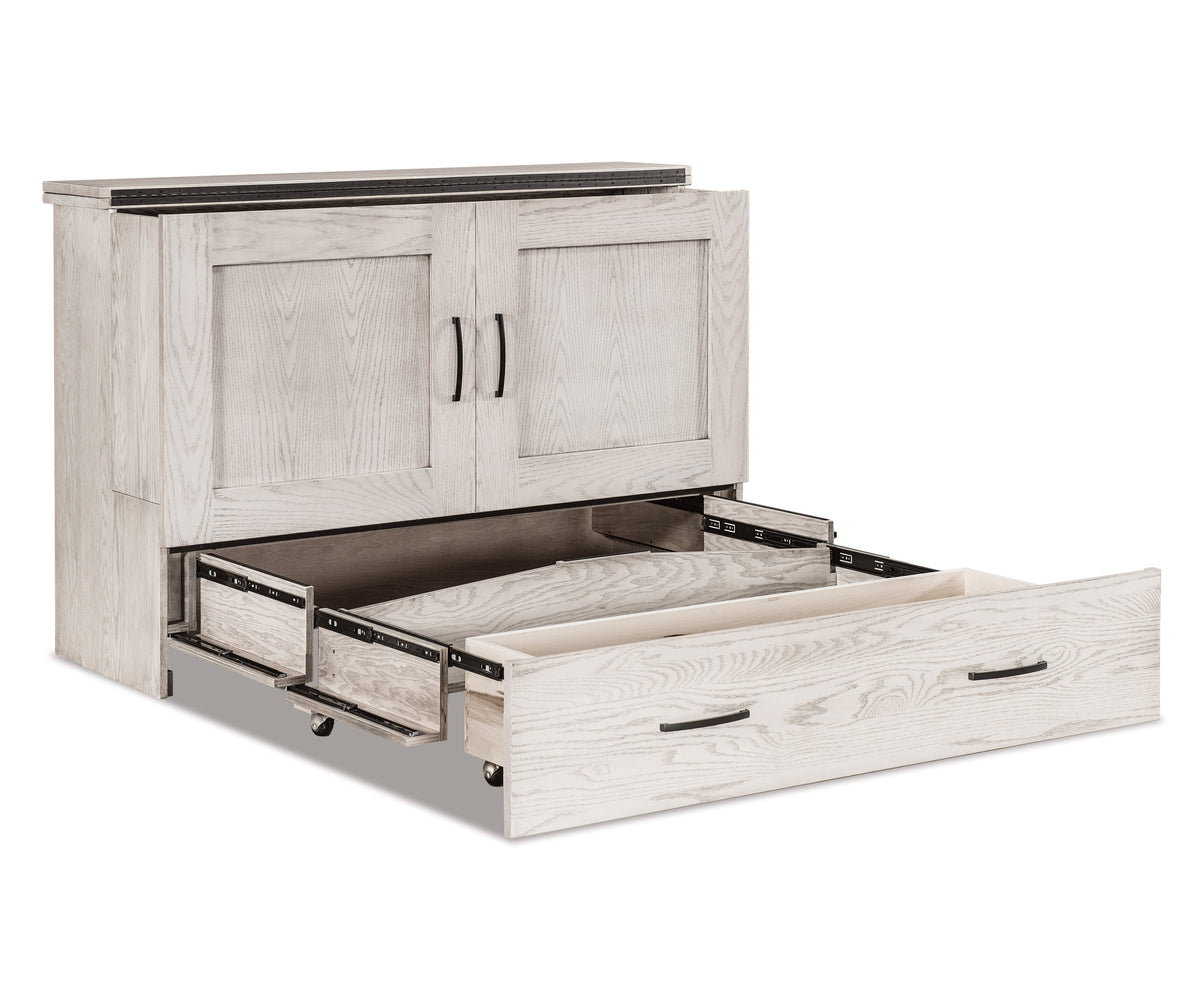 Light gray wood Mission cabinet Murphy bed with open storage drawers on wheels.