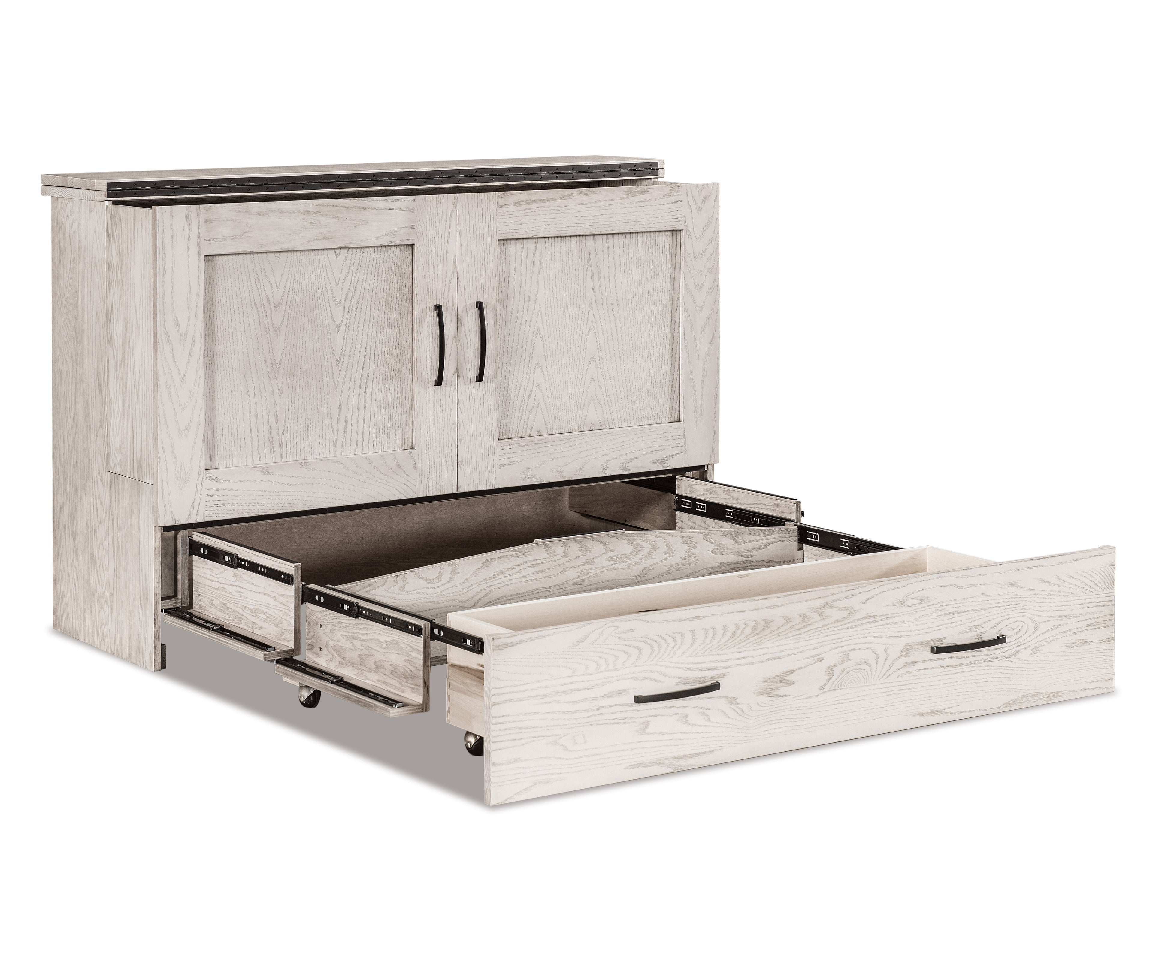 Light gray wood Mission cabinet Murphy bed with open storage drawers on wheels.