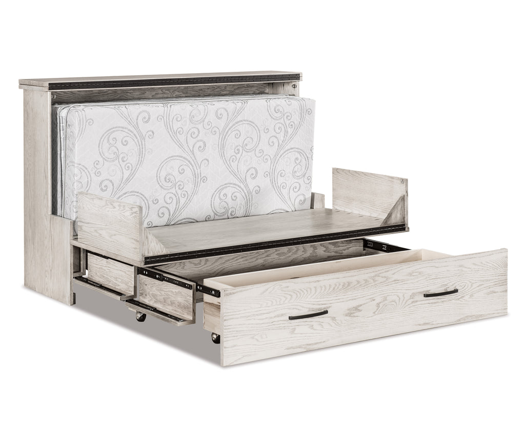 Light gray wood Mission cabinet Murphy bed, partially opened with mattress and pull-out storage drawer.