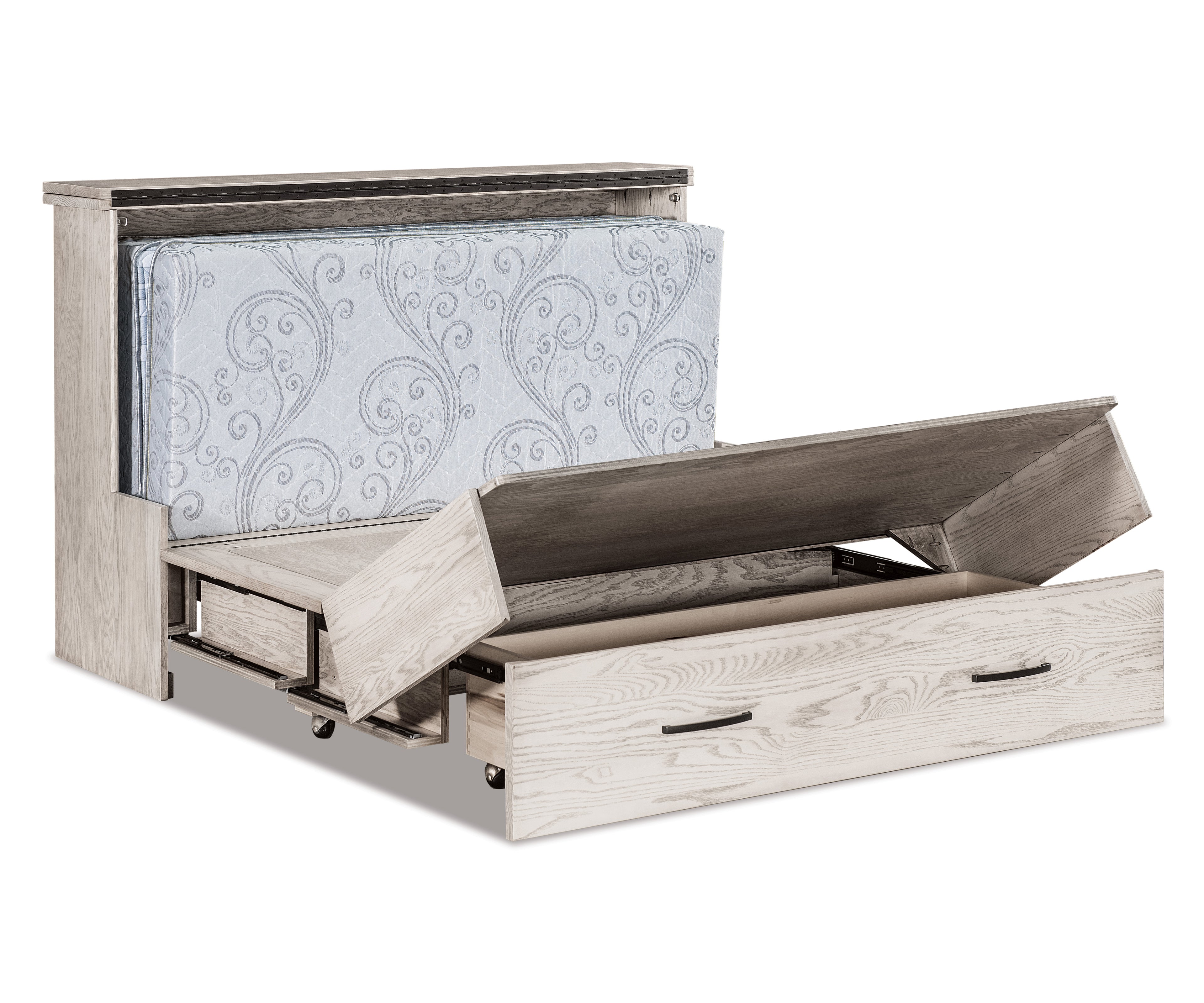 Light gray wood Mission cabinet Murphy bed opening to reveal a folded mattress and storage drawer.