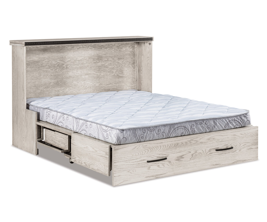 Mission cabinet Murphy bed in light gray wood with mattress and storage drawers.