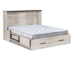 Mission cabinet Murphy bed in light gray wood with mattress and storage drawers.