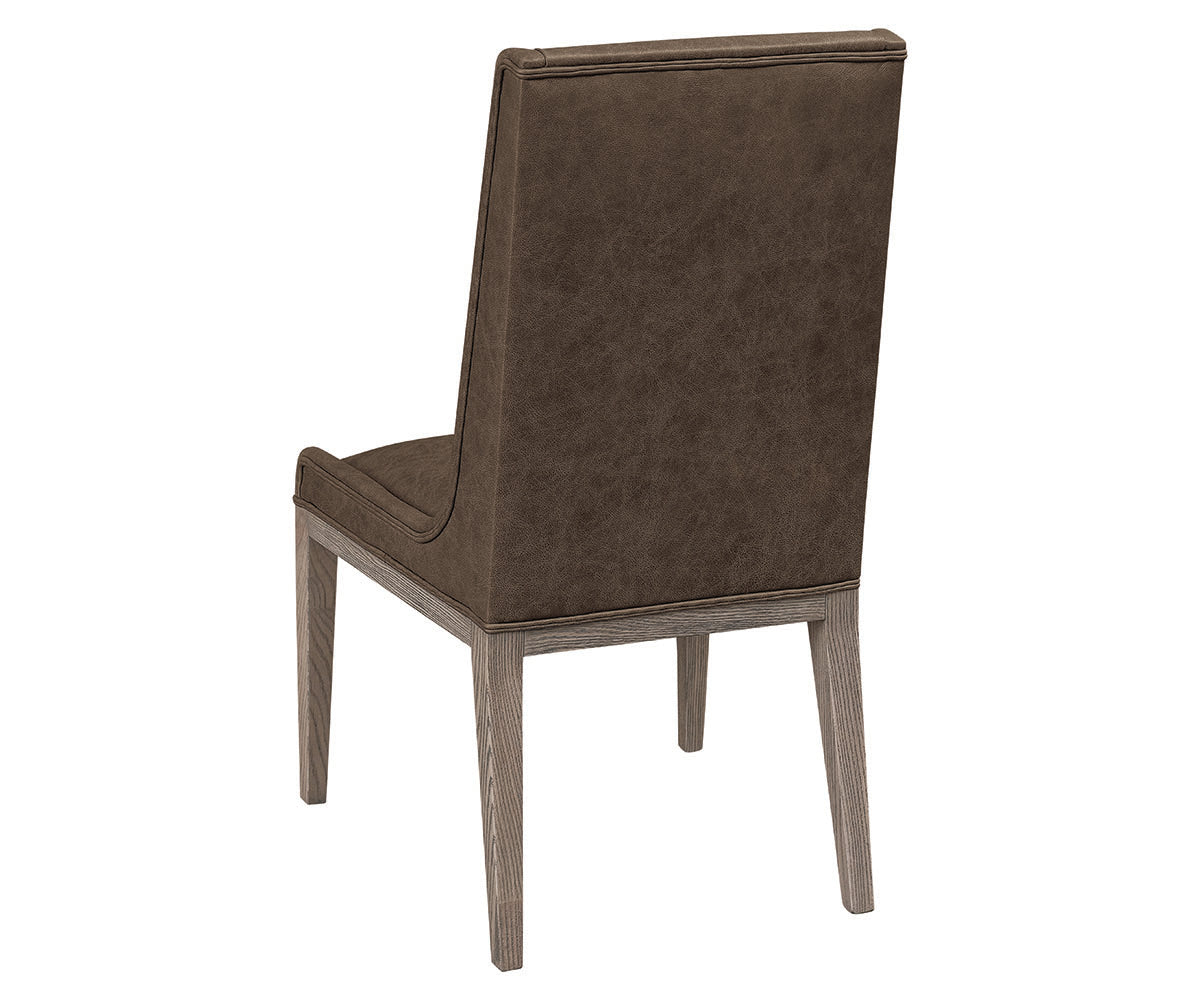 Ariel Side Chair in brown faux leather upholstery with a grey wash hardwood frame, rear view