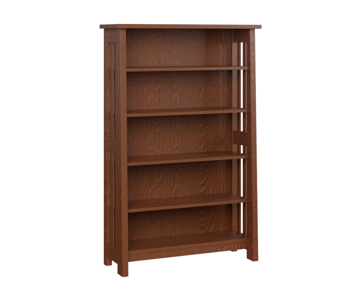 Freemont Mission open bookcase in a rich brown wood finish with five spacious shelves.