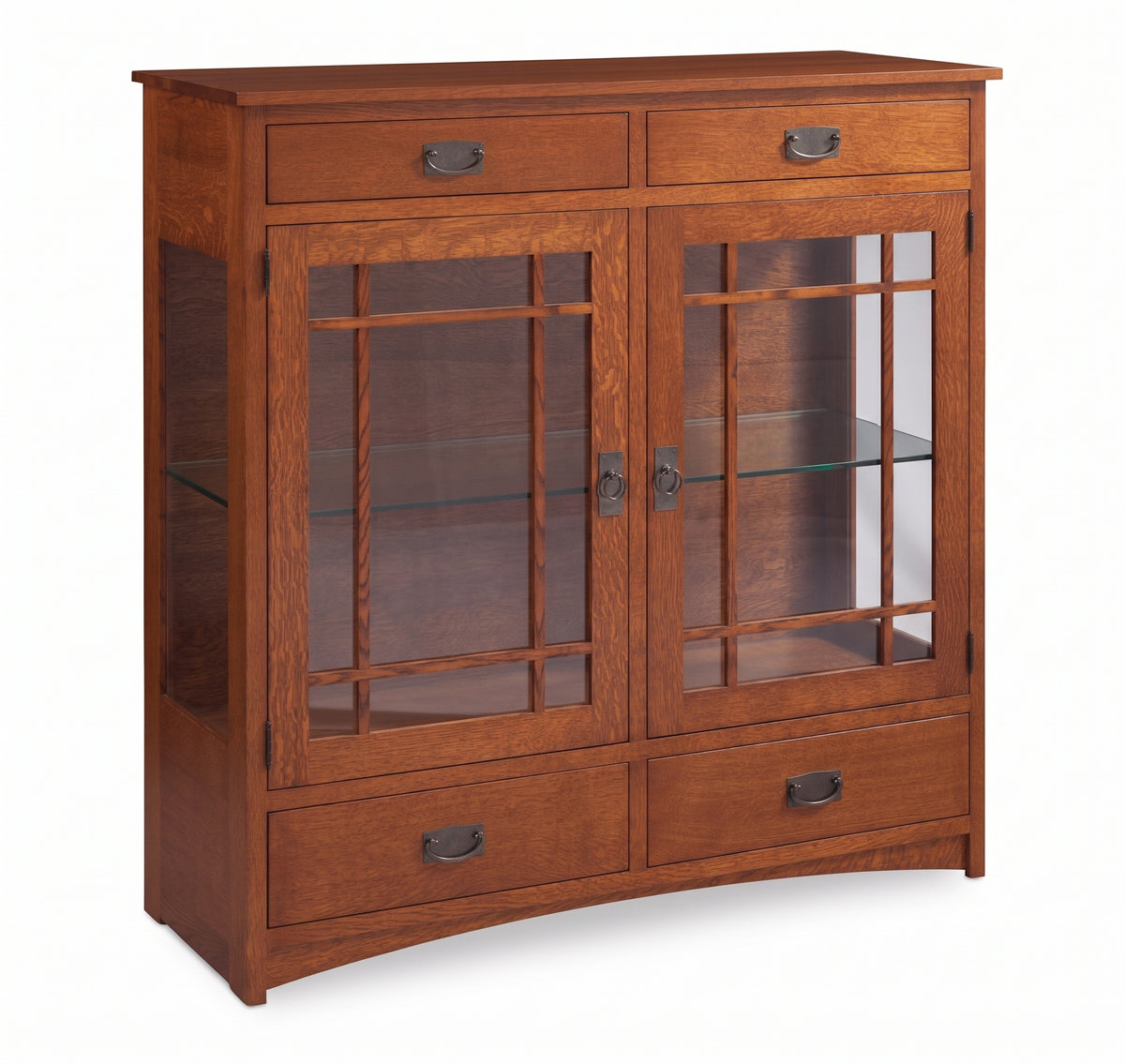 Prairie Mission oak console cabinet with glass doors, shelves, and four drawers.