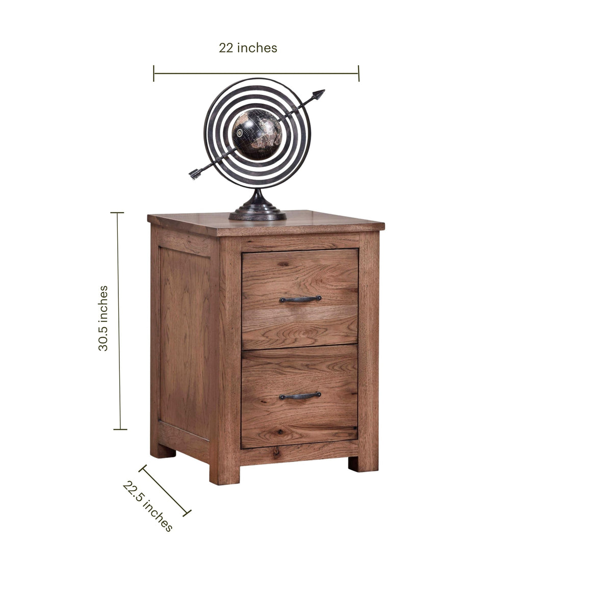 Two-drawer solid hardwood file cabinet with dimensions: 30.5" H x 22" W x 22.5" D.