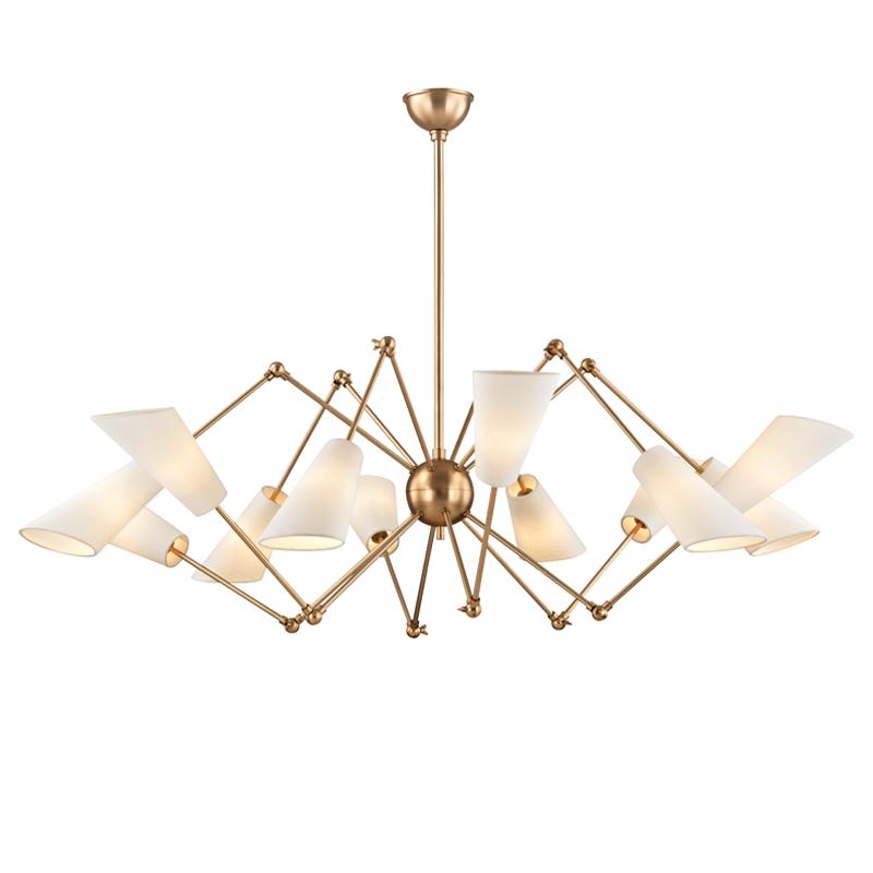 Buckingham aged brass chandelier with adjustable arms and white linen shades.
