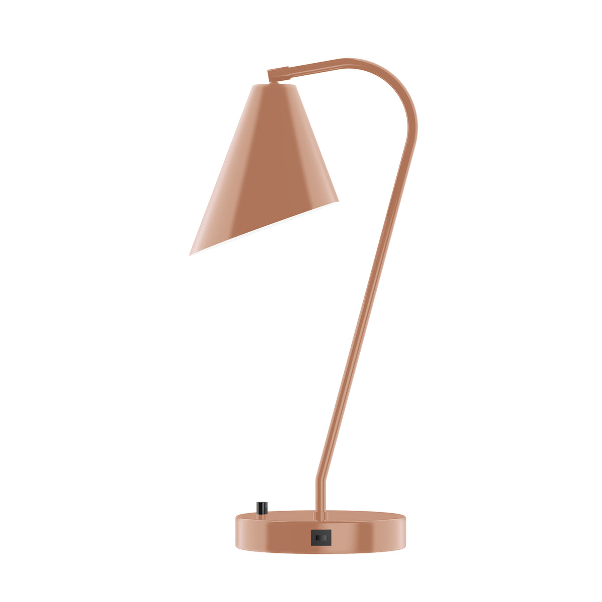 Modern rose gold Flare Shade Desk Lamp with a curved arm and USB port on the base.