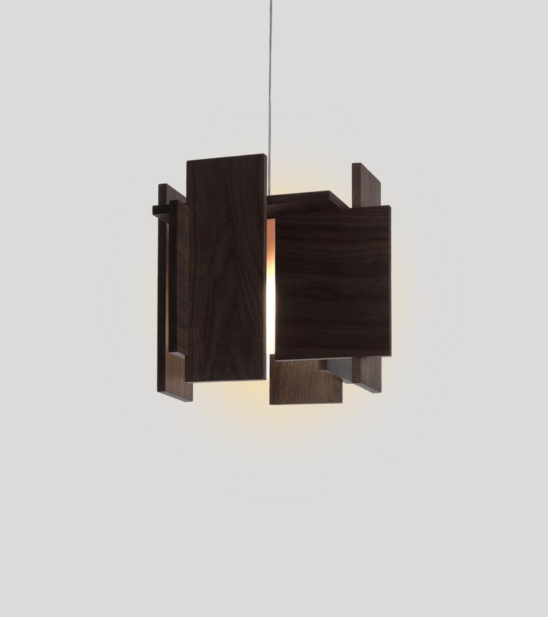 Abeo dark wood pendant light with glowing warm LED light panels