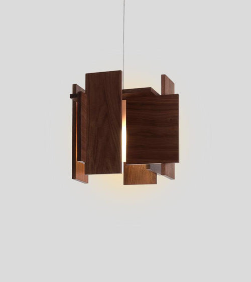Abeo pendant light with dark wood panels and warm glowing LED light