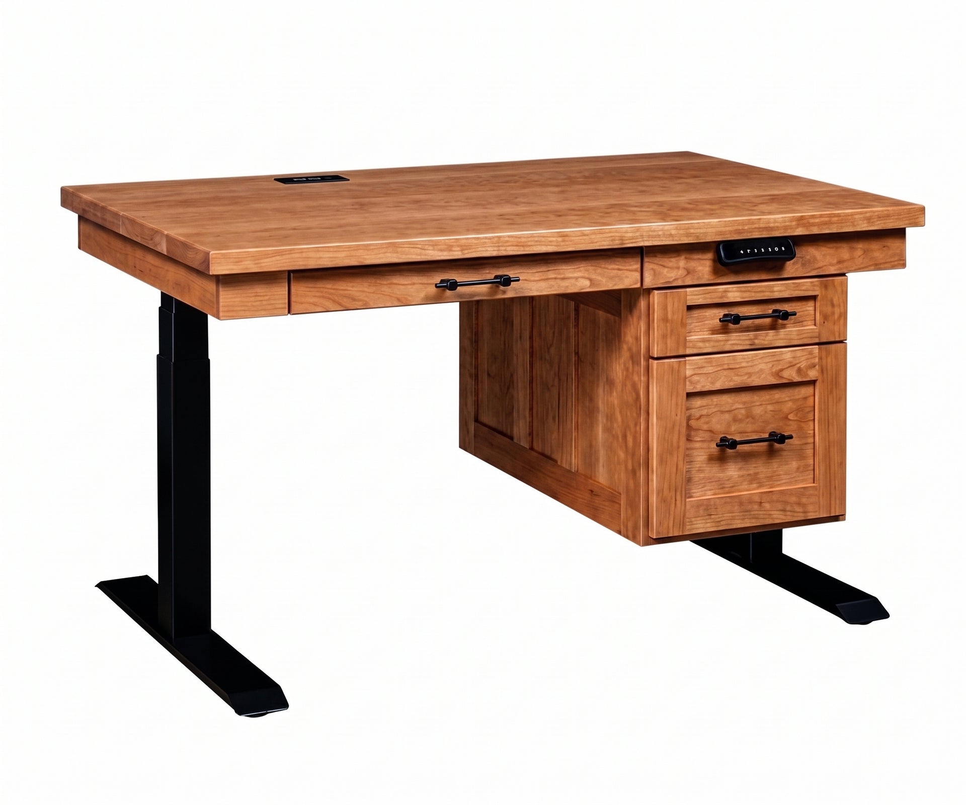 Adjustable height solid wood desk with drawers and black metal legs.