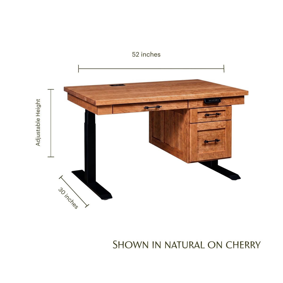 Adjustable height cherry wood desk with drawers, black metal legs, and dimensions.
