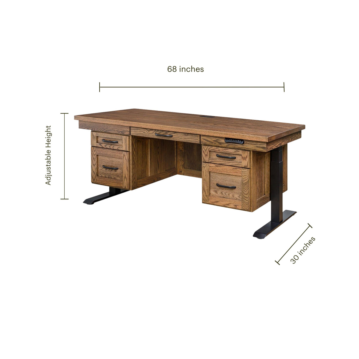 Adjustable height executive desk in brown oak wood with drawers and black metal legs.