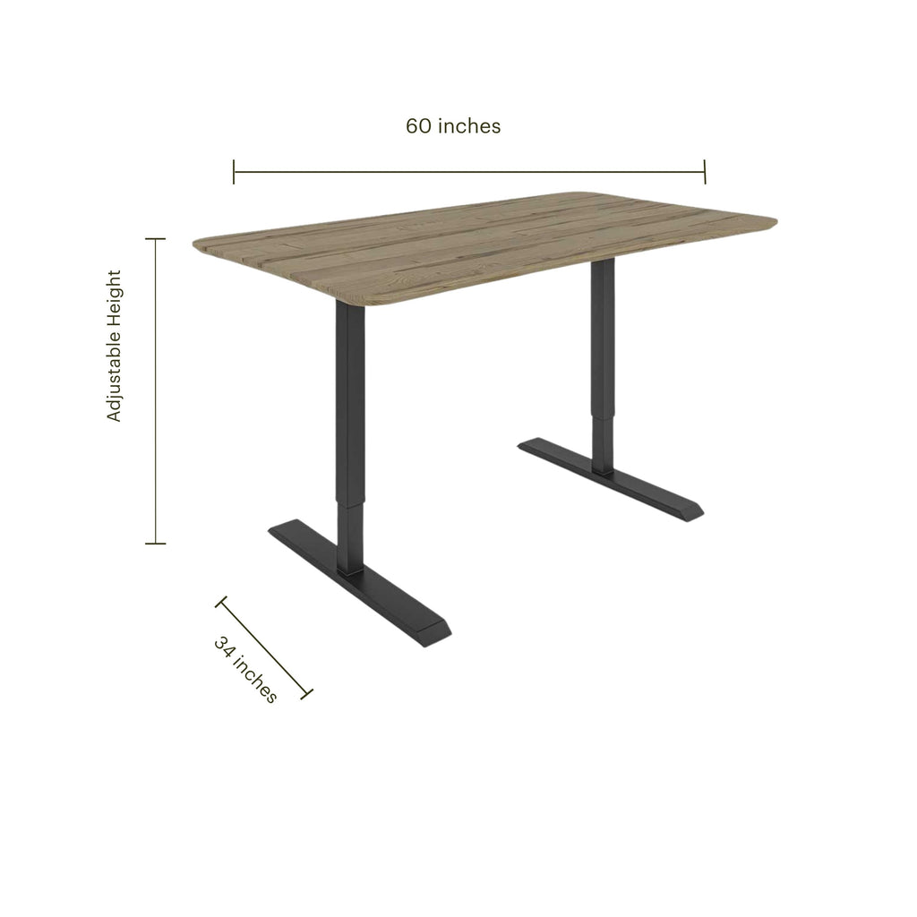 Adjustable standing desk with a wood top and black metal legs, showing 60 by 34 inch dimensions.