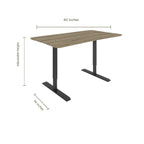 Adjustable standing desk with a wood top and black metal legs, showing 60 by 34 inch dimensions.