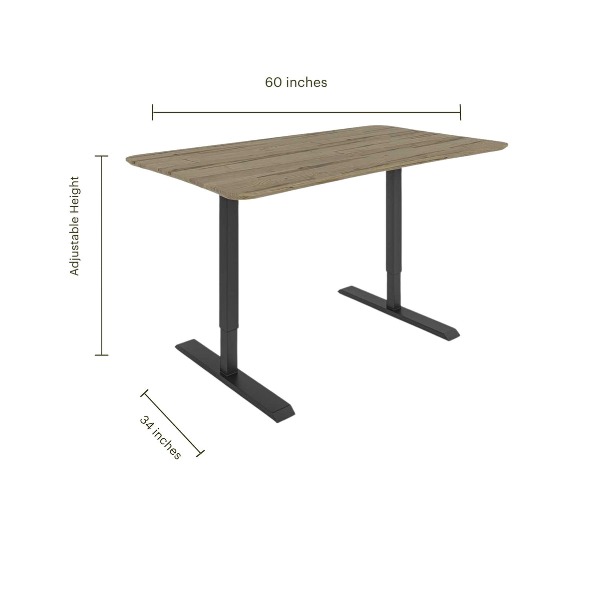 Adjustable standing desk with a wood top and black metal legs, showing 60 by 34 inch dimensions.