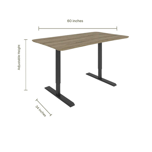 Adjustable standing desk with a wood top and black metal legs, showing 60 by 34 inch dimensions.