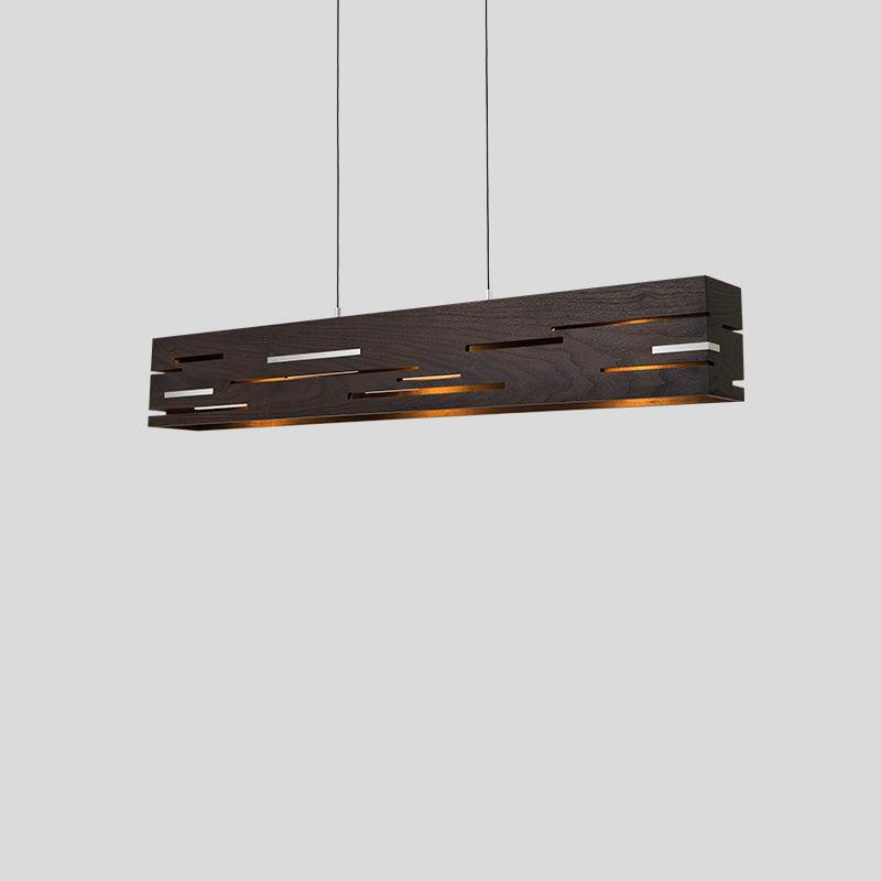 Aeris dark walnut linear pendant chandelier with glowing geometric cutouts