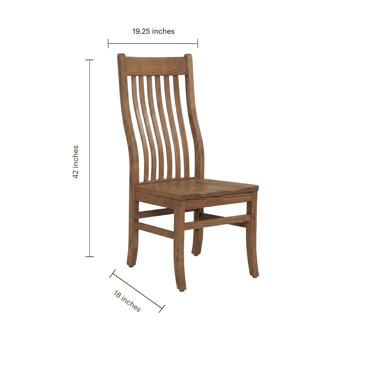 Alameda wooden mission side chair with dimensions: 42" height, 19.25" width, 18" depth.