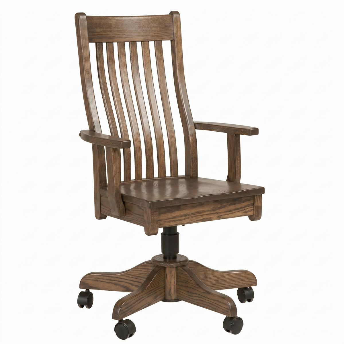 Alameda Mission-style wooden desk chair with armrests, slatted back, and rolling caster wheels.