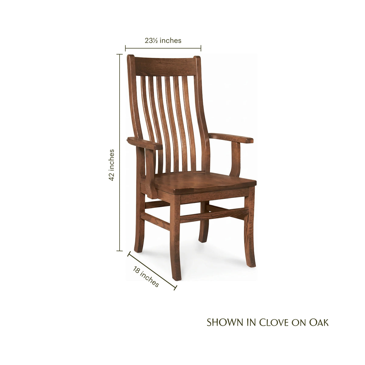 Alameda solid oak Mission arm chair in clove finish with dimensions.