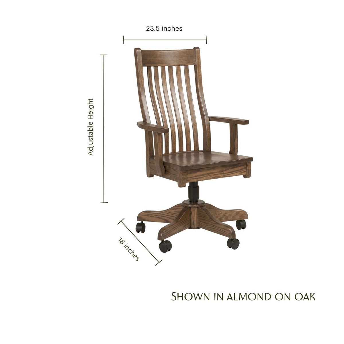 Alameda wooden Mission-style desk chair in almond-finished oak with dimensions.