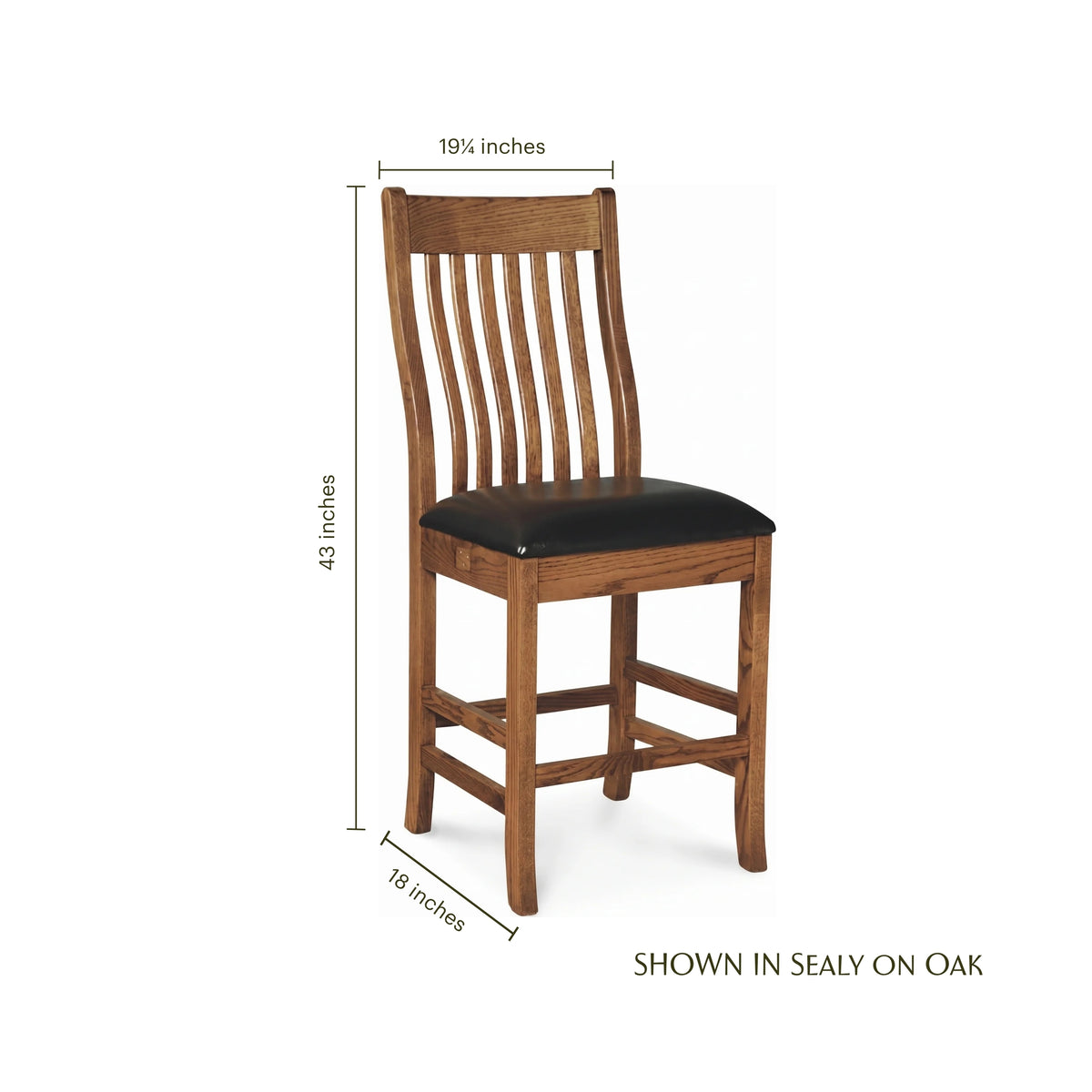 Alameda oak bar chair with black leather seat and dimensions shown.
