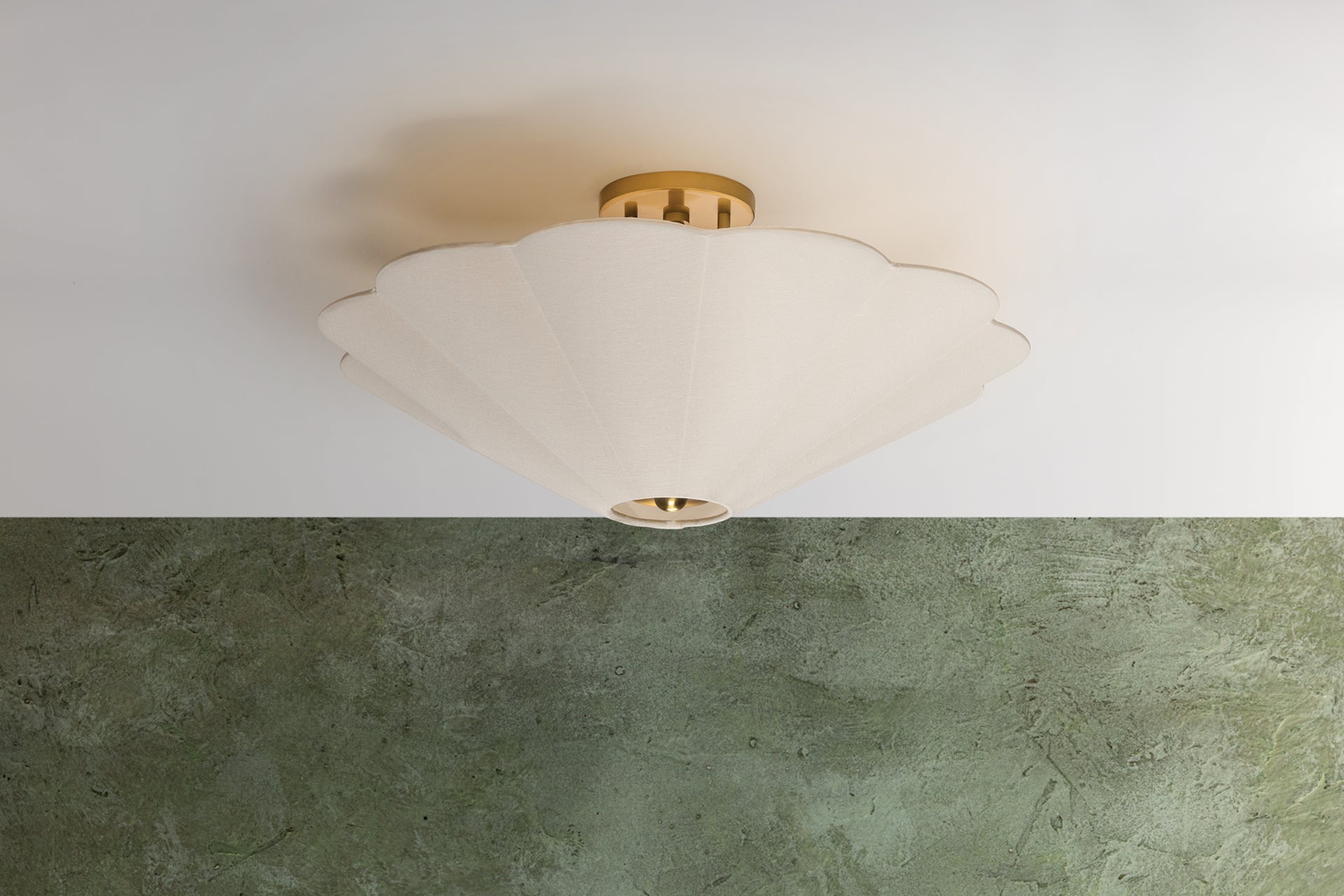 Alana semi-flush ceiling light with a white scalloped linen shade and aged brass canopy.
