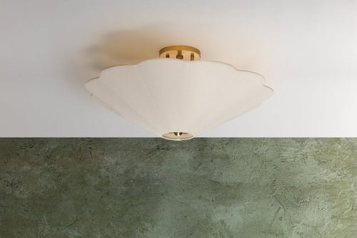 Alana semi-flush ceiling light with a white scalloped linen shade and aged brass canopy.