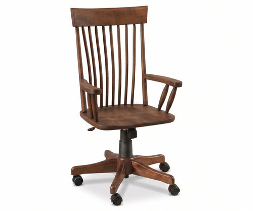 Albany wooden desk chair in a dark brown finish with a spindle back, armrests, and a wheeled swivel base.