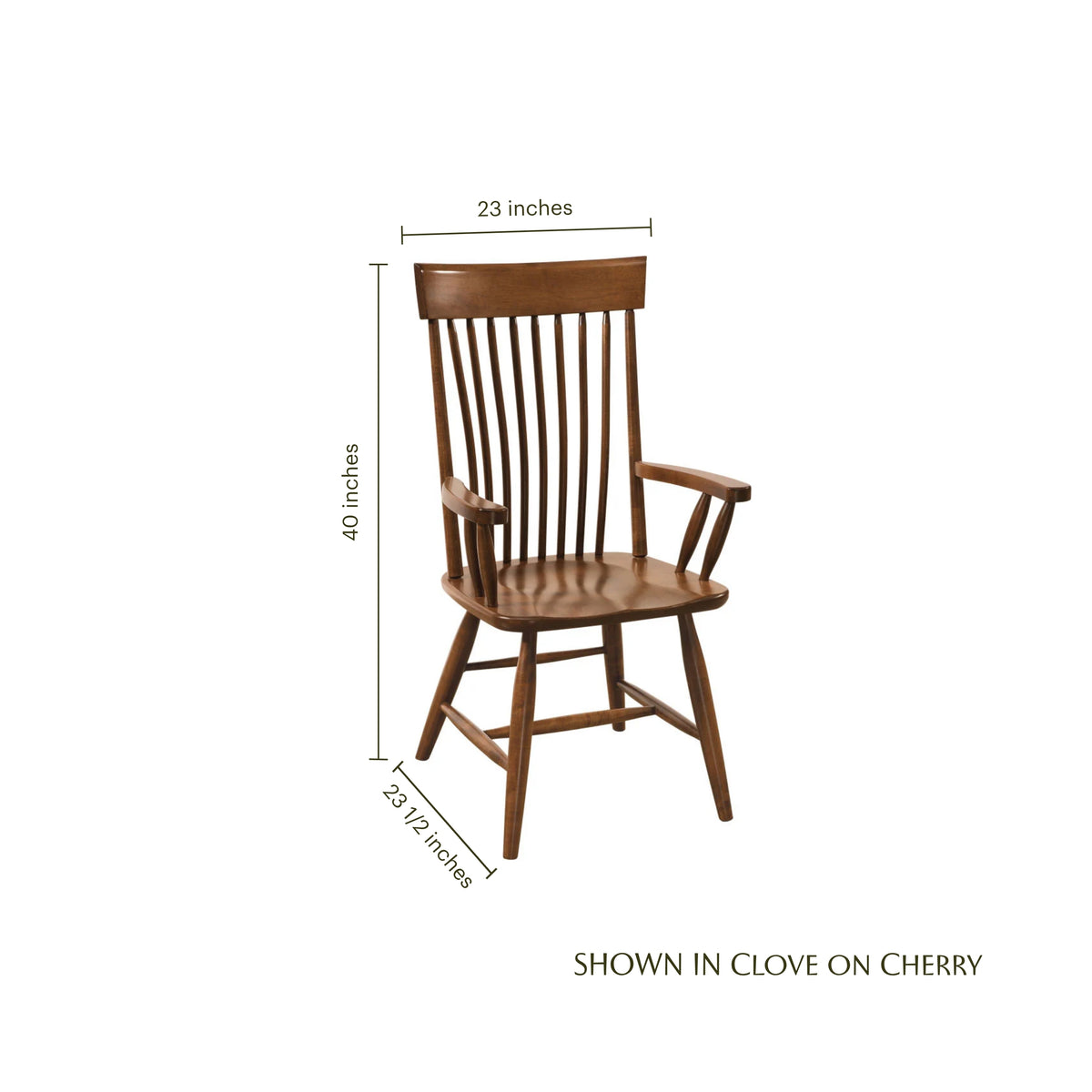 Albany wooden arm chair in clove on cherry finish with dimensions shown