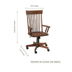 Albany wooden desk chair in clove on maple with dimensions and adjustable height features.