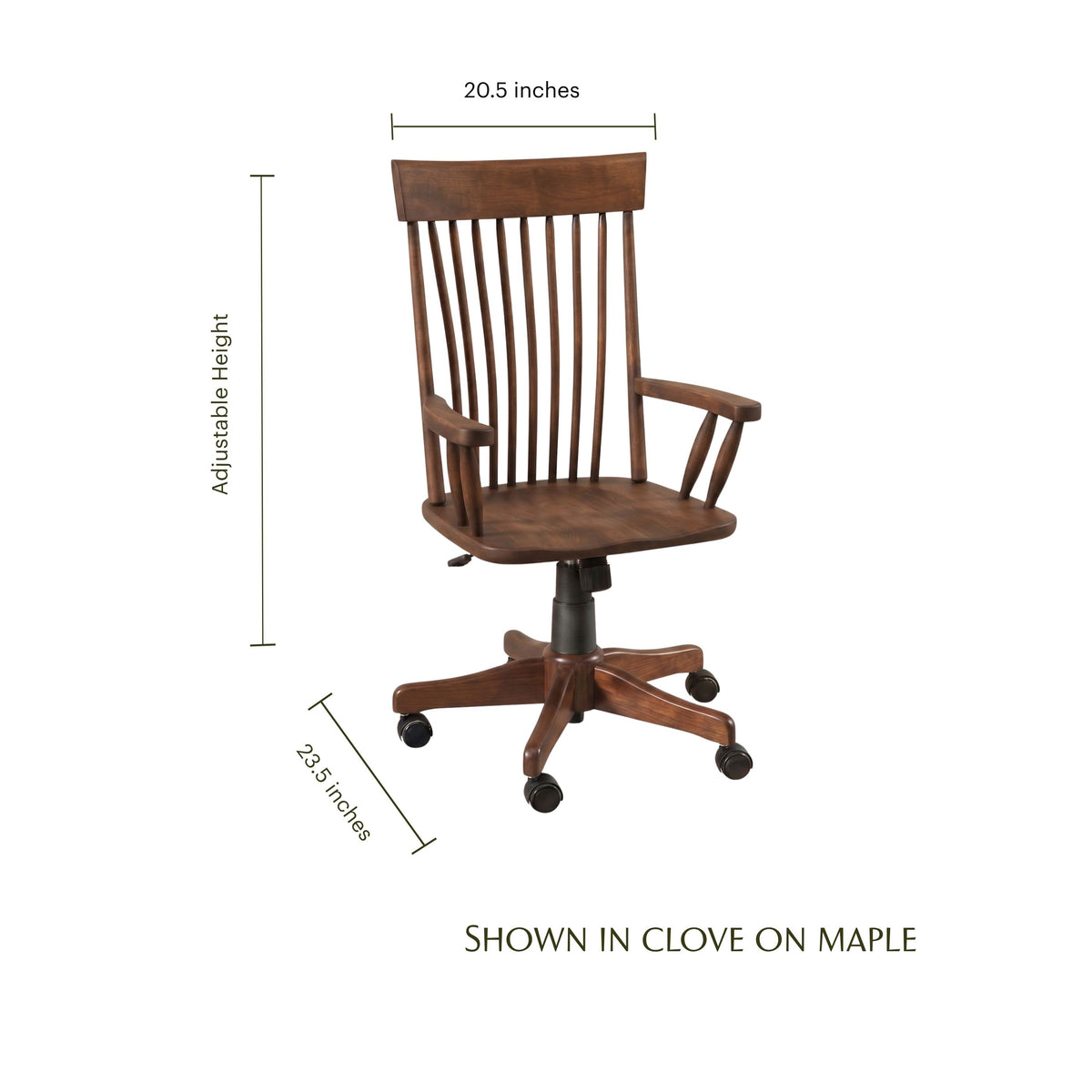 Albany wooden desk chair in clove on maple with dimensions and adjustable height features.