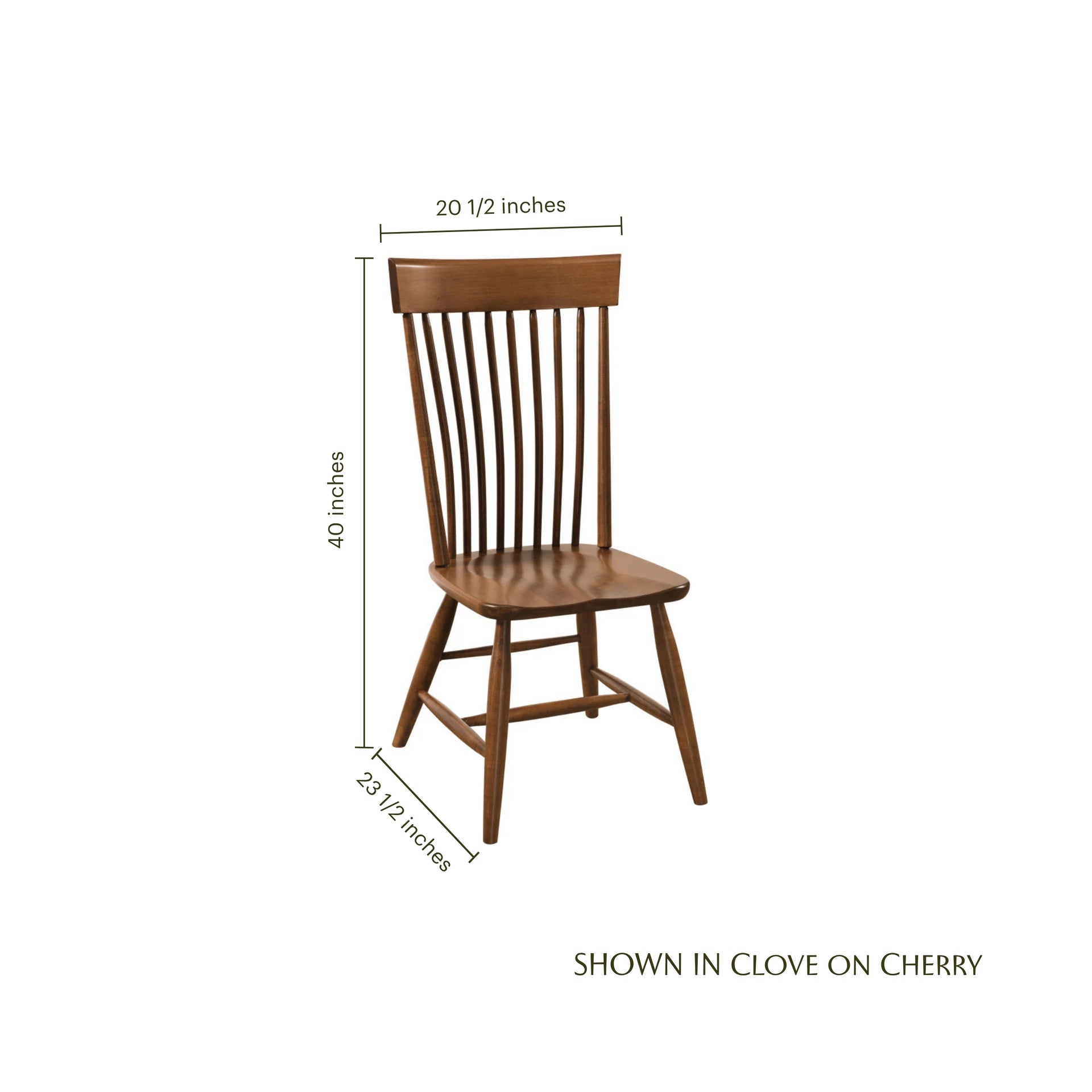 Albany cherry wood side chair in clove finish with dimensions.