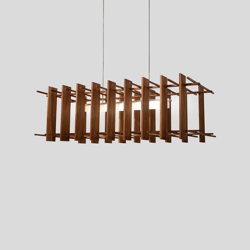 Arca linear pendant chandelier with walnut wood slats and a glowing light bar