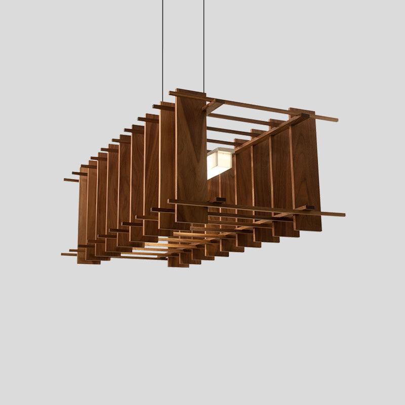 Arca linear pendant chandelier with solid walnut slats and warm glowing light.