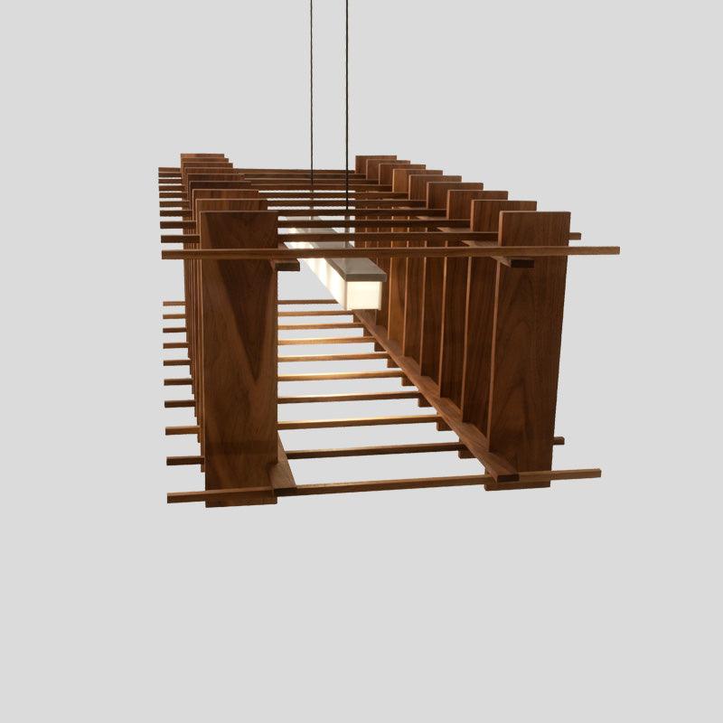 Arca linear pendant chandelier with solid walnut slats and warm glowing light.
