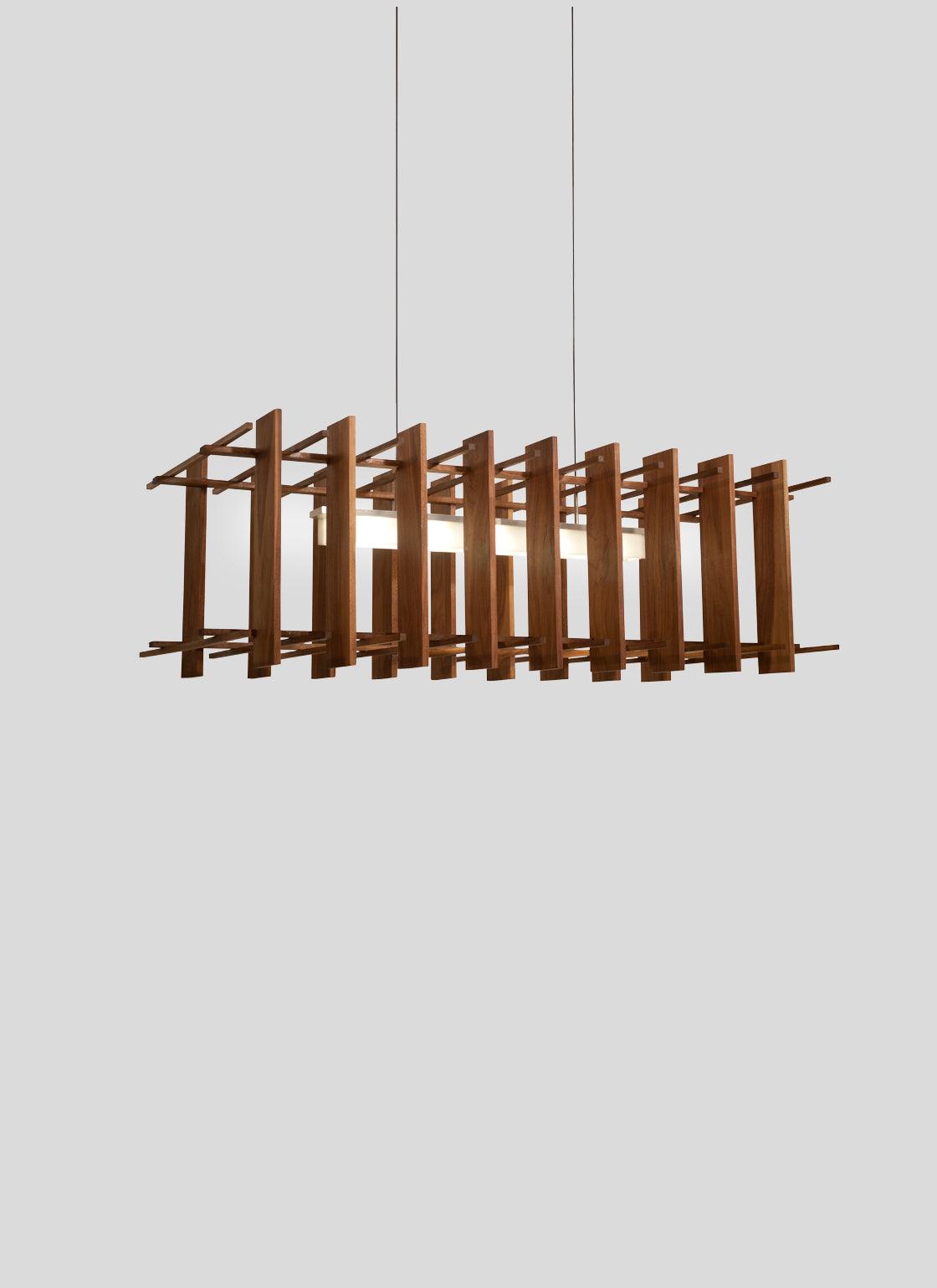 Arca linear pendant chandelier with walnut wood slats and glowing light bar.