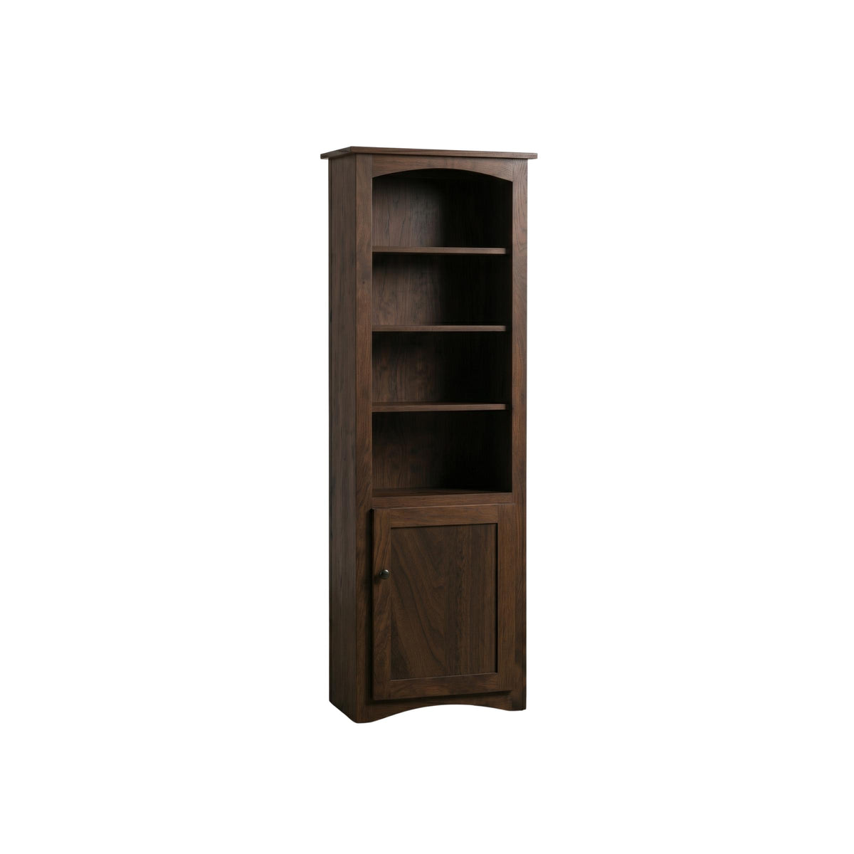 Dark wood Arch Bookcase with open shelves and a bottom cabinet door