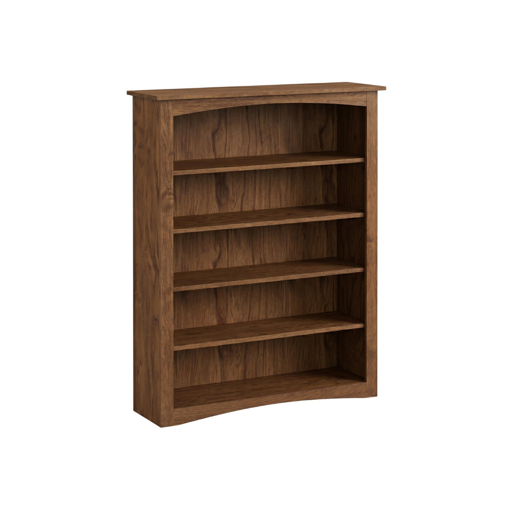 Dark wood Arch Bookcase with five shelves and a curved top and bottom trim.